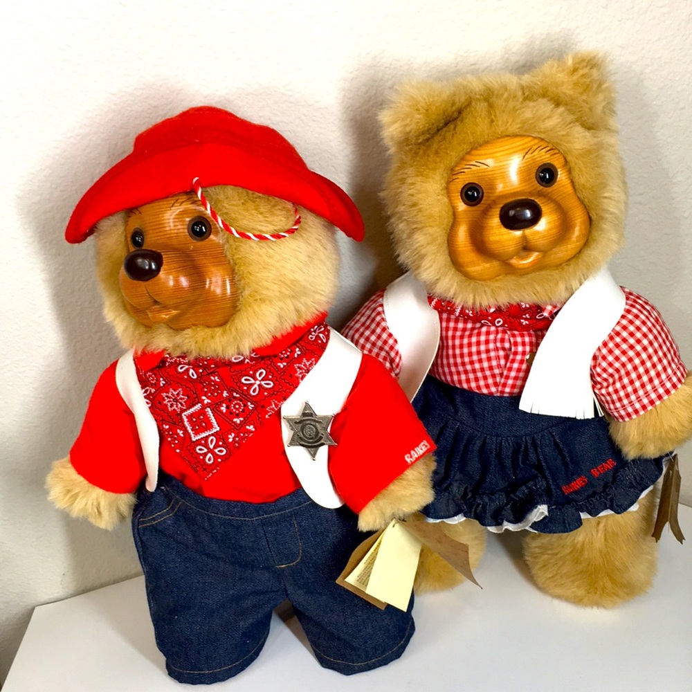Robert Raikes Cowboy Bears  Wood Carved Sheriff  Western 17” Set
